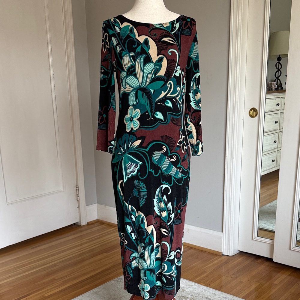Chico's Teal, Burgundy & Black Floral Long-Sleeve Midi Dress